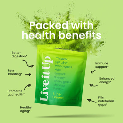 live it up super greens is packed with benefits, like better digestion, less bloating, immune support, filling nutritional gaps and more! Just a few of the things that make it one of 2024s best greens powder.