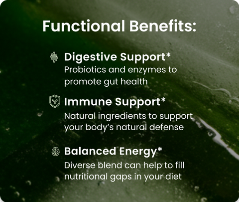 A close up of ice cubes in a green beverage. The text overlaid says: Digestive Support, Probiotics and enzymes to promote gut health. Immune Support, Natural ingredients to support your body's defense system, Balanced Energy, Diverse blend can help to fill nutritional gaps in your diet